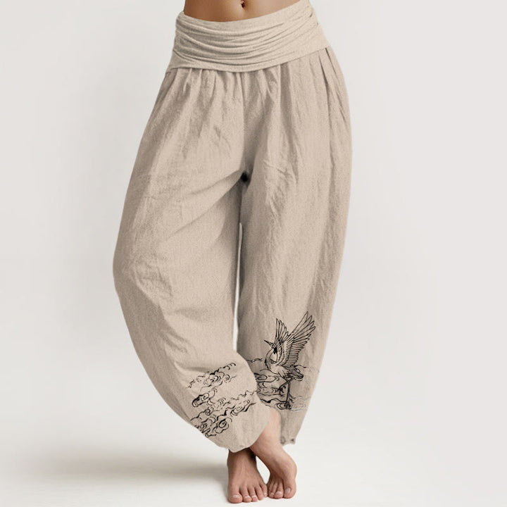 Pantaloni harem in cotone con elastico in vita, motivo Buddha Stones Crane e acqua che scorre, da donna - Tan - US22, UK/AU26, EU54 (6XL) - image 11