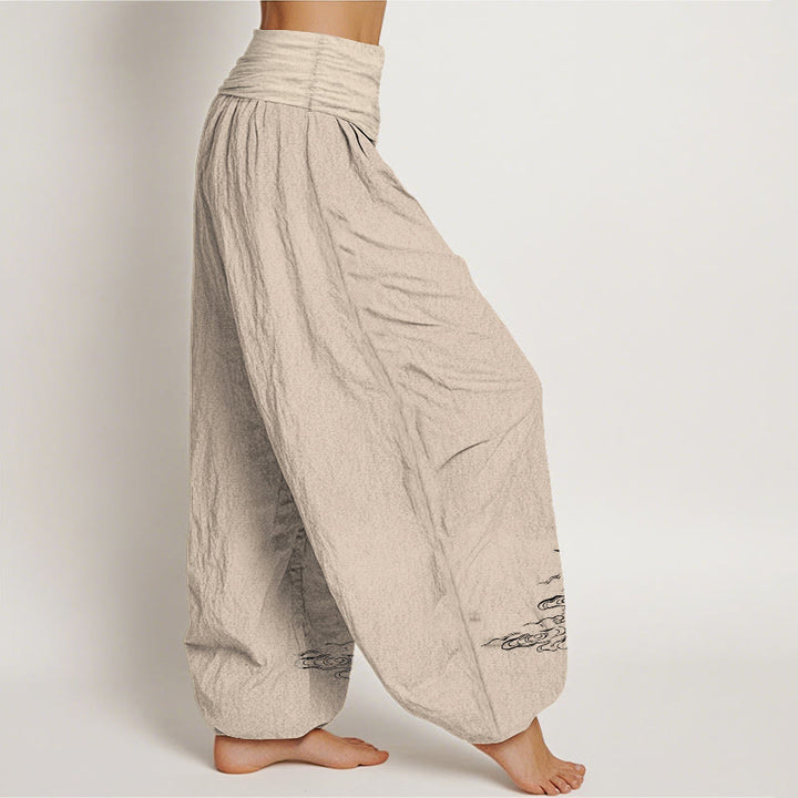 Pantaloni harem in cotone con elastico in vita, motivo Buddha Stones Crane e acqua che scorre, da donna - image 12