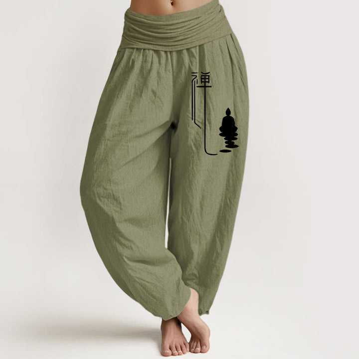 Pantaloni harem in cotone con elastico in vita e motivo buddista zen Buddha Stones - Verde oliva - US22, UK/AU26, EU54 (6XL) - image 14