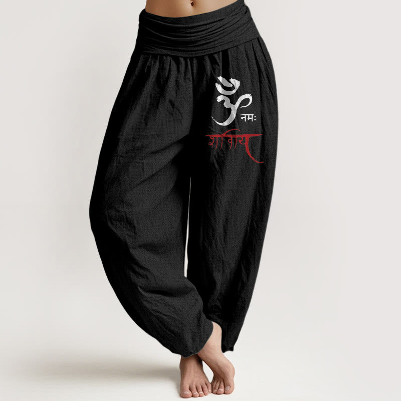 Pantaloni harem in cotone con elastico in vita e motivo incantesimi Om con Buddha Stones da donna - Nero - US22, UK/AU26, EU54 (6XL) - image 5
