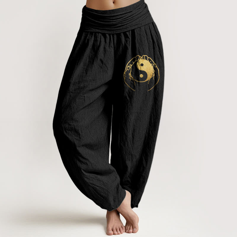 Pantaloni harem in cotone con elastico in vita e motivo a mano Yin Yang Buddha Stones - Nero - US22, UK/AU26, EU54 (6XL) - image 0