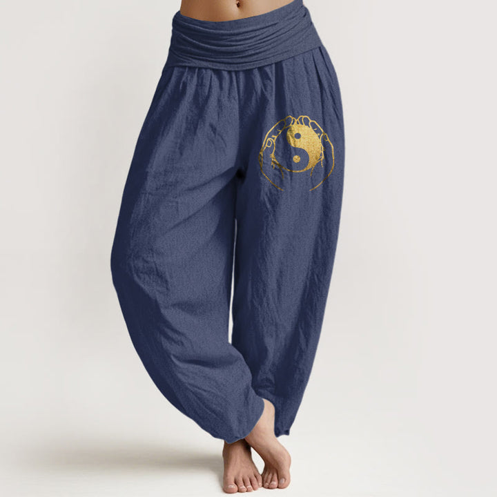Pantaloni harem in cotone con elastico in vita e motivo a mano Yin Yang Buddha Stones - Blu ardesia scuro - US22, UK/AU26, EU54 (6XL) - image 5