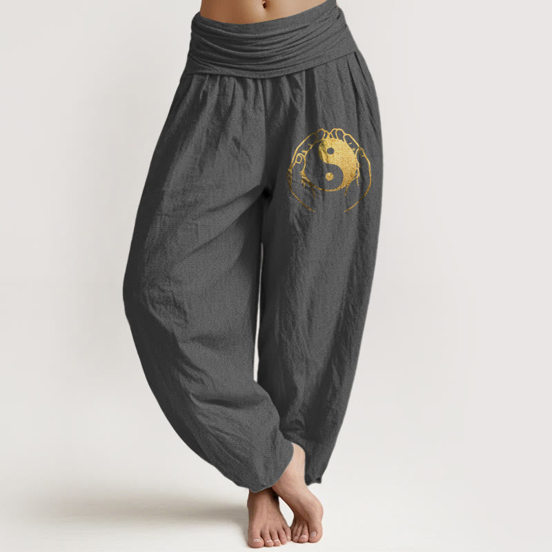 Pantaloni harem in cotone con elastico in vita e motivo a mano Yin Yang Buddha Stones - Grigio tenue - US22, UK/AU26, EU54 (6XL) - image 8
