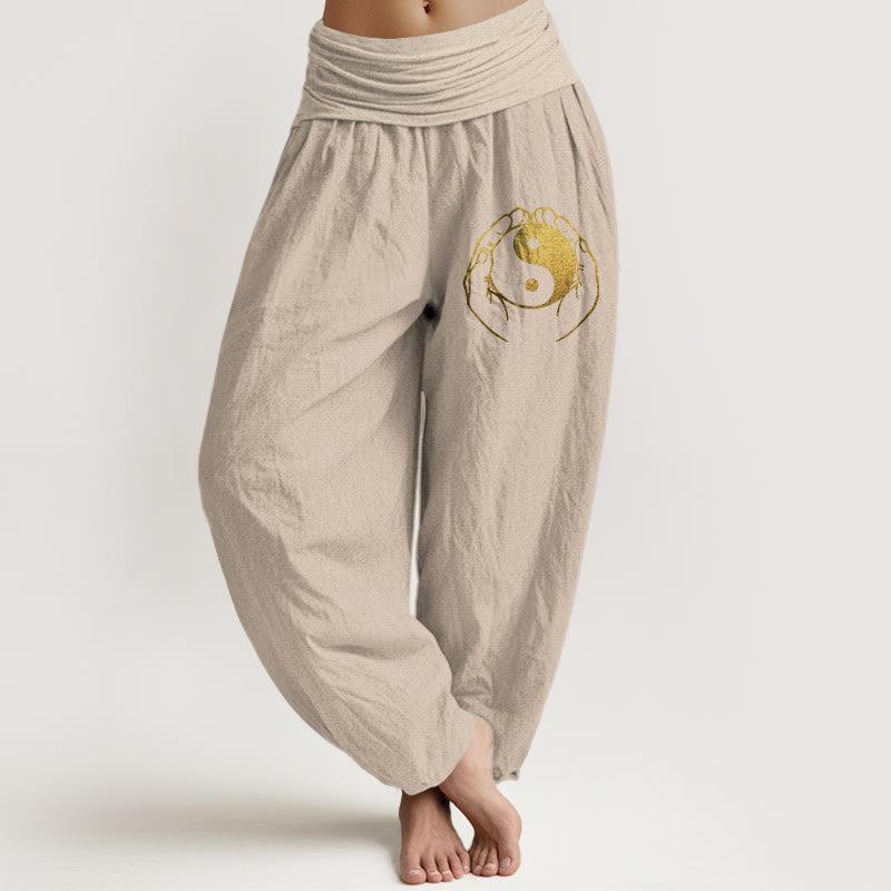 Pantaloni harem in cotone con elastico in vita e motivo a mano Yin Yang Buddha Stones - Abbronzatura - US22, UK/AU26, EU54 (6XL) - image 11