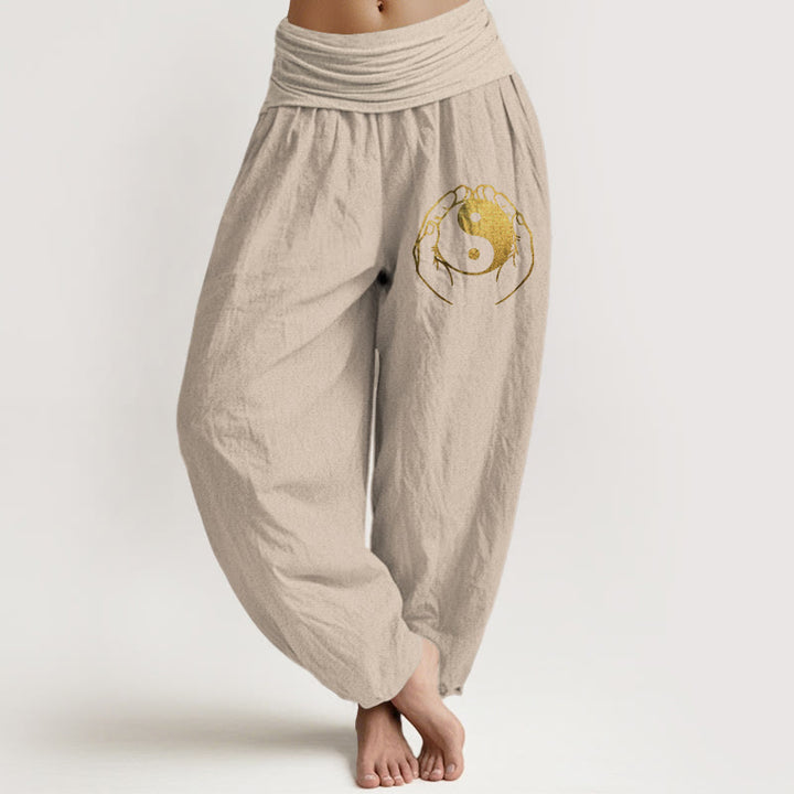 Pantaloni harem in cotone con elastico in vita e motivo a mano Yin Yang Buddha Stones - Abbronzatura - US22, UK/AU26, EU54 (6XL) - image 11