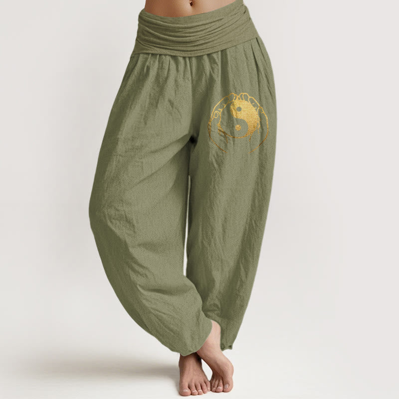 Pantaloni harem in cotone con elastico in vita e motivo a mano Yin Yang Buddha Stones - Verde oliva - US22, UK/AU26, EU54 (6XL) - image 14