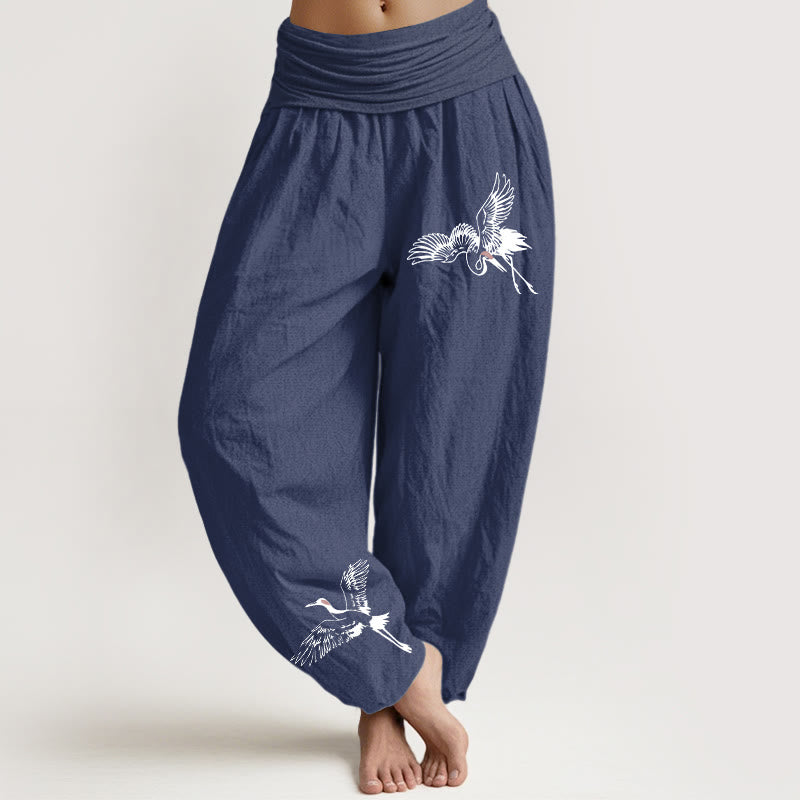 Pantaloni harem in cotone con elastico in vita da donna, motivo con gru coronate rosse volanti Buddha Stones - DarkSlateBlue - US22, UK/AU26, EU54 (6XL) - image 5