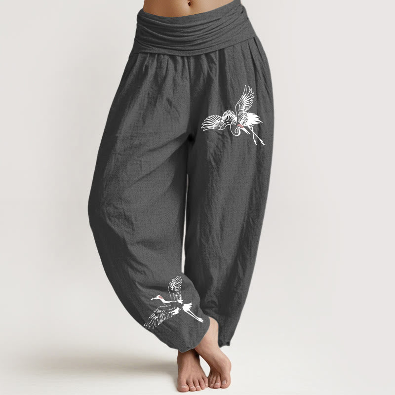Pantaloni harem in cotone con elastico in vita da donna, motivo con gru coronate rosse volanti Buddha Stones - Grigio scuro - US22, UK/AU26, EU54 (6XL) - image 8