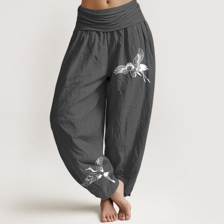 Pantaloni harem in cotone con elastico in vita da donna, motivo con gru coronate rosse volanti Buddha Stones - Grigio scuro - US22, UK/AU26, EU54 (6XL) - image 8