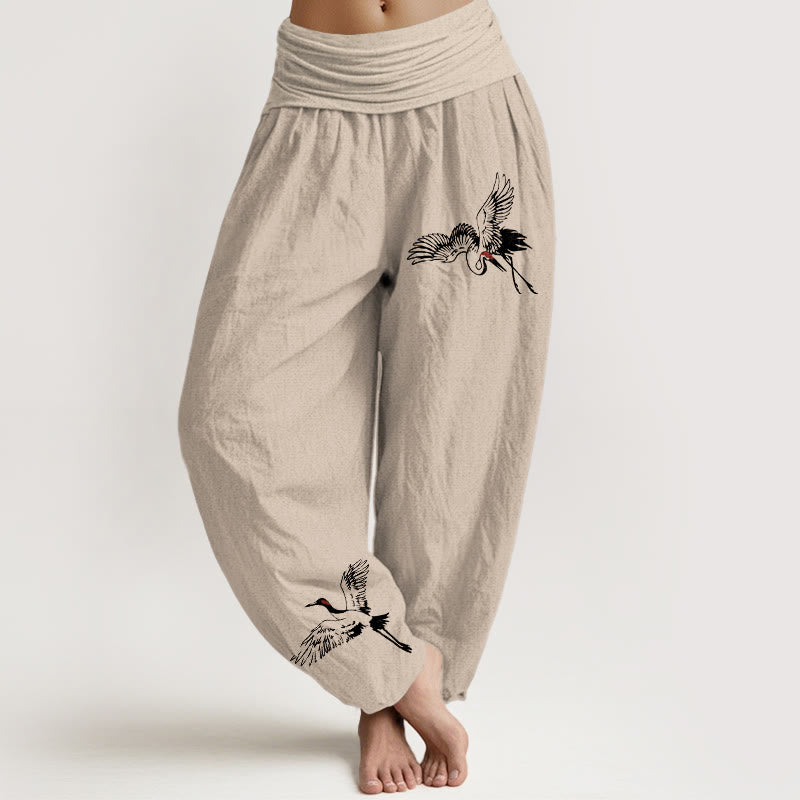 Pantaloni harem in cotone con elastico in vita da donna, motivo con gru coronate rosse volanti Buddha Stones - Abbronzatura - US22, UK/AU26, EU54 (6XL) - image 11