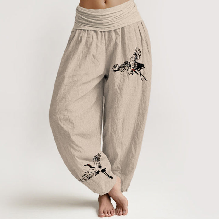 Pantaloni harem in cotone con elastico in vita da donna, motivo con gru coronate rosse volanti Buddha Stones - Abbronzatura - US22, UK/AU26, EU54 (6XL) - image 11