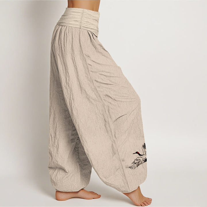 Pantaloni harem in cotone con elastico in vita da donna, motivo con gru coronate rosse volanti Buddha Stones - image 12
