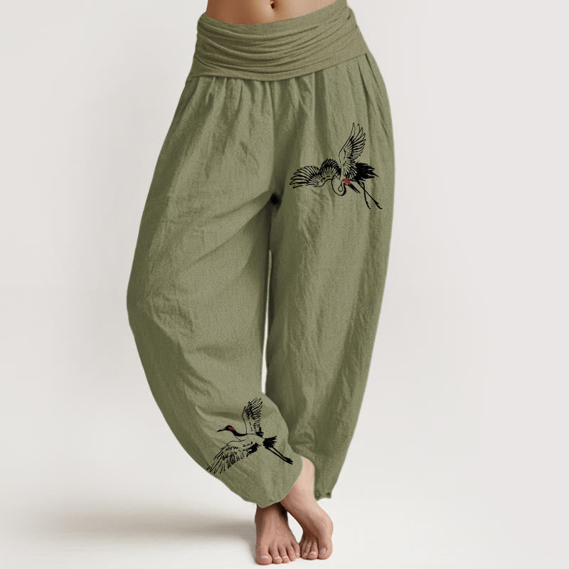 Pantaloni harem in cotone con elastico in vita da donna, motivo con gru coronate rosse volanti Buddha Stones - Verde oliva - US22, UK/AU26, EU54 (6XL) - image 14
