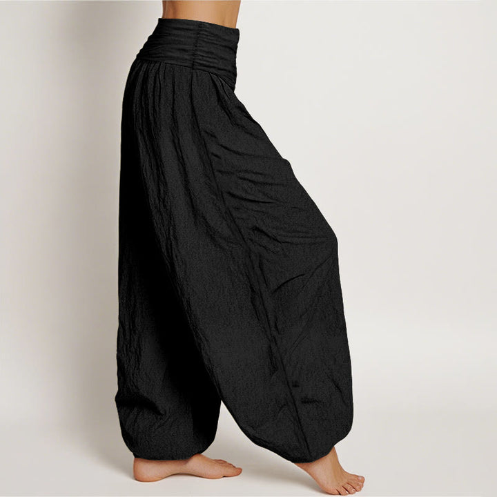 Pantaloni harem in cotone con elastico in vita e stampa di drago dorato con Buddha Stones da donna - image 1
