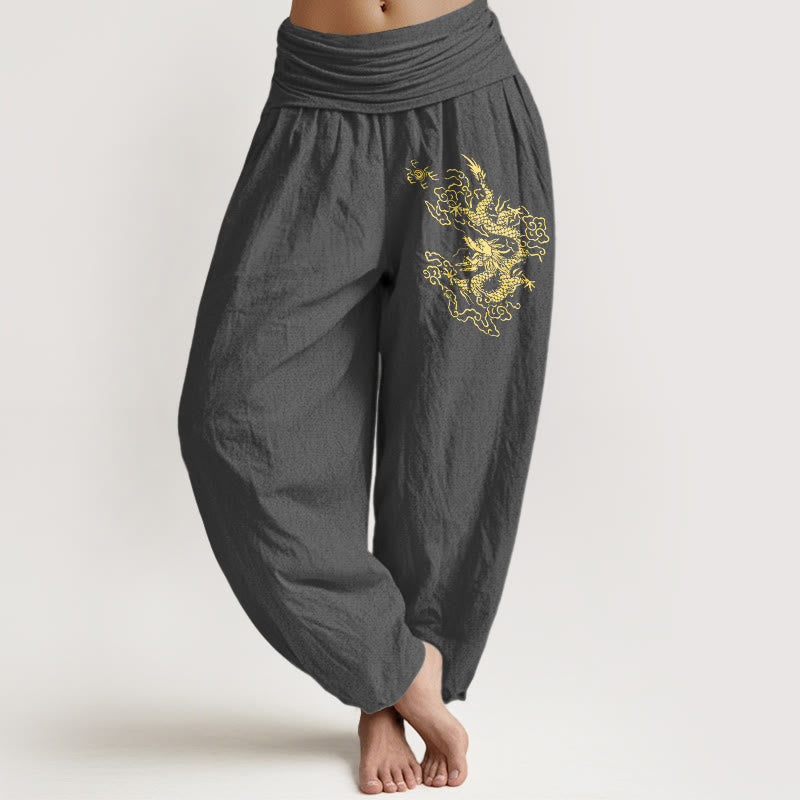 Pantaloni harem in cotone con elastico in vita e stampa di drago dorato con Buddha Stones da donna - Grigio scuro - US22, UK/AU26, EU54 (6XL) - image 8