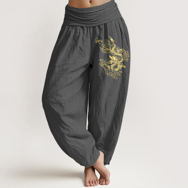 Pantaloni harem in cotone con elastico in vita e stampa di drago dorato con Buddha Stones da donna - Grigio scuro - US22, UK/AU26, EU54 (6XL) - image 8