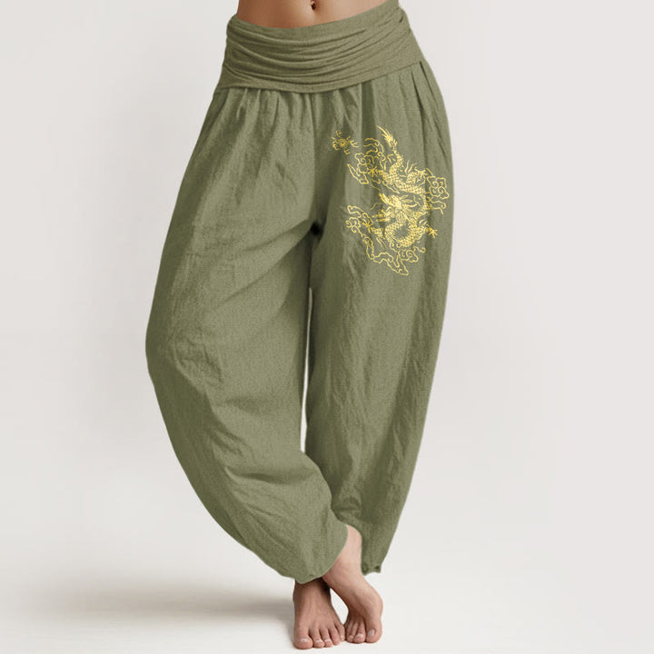 Pantaloni harem in cotone con elastico in vita e stampa di drago dorato con Buddha Stones da donna - Verde oliva - US22, UK/AU26, EU54 (6XL) - image 14
