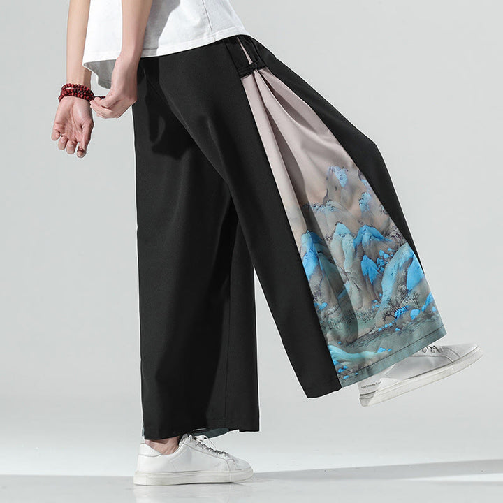 Buddha Stones Pantaloni larghi da uomo con tasche e motivo montagne e fiumi - image 5
