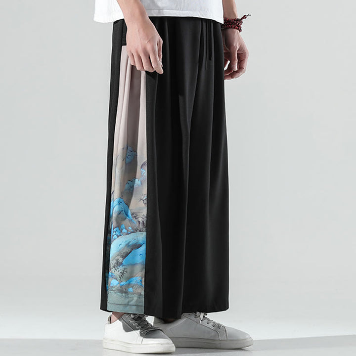Buddha Stones Pantaloni larghi da uomo con tasche e motivo montagne e fiumi - image 3