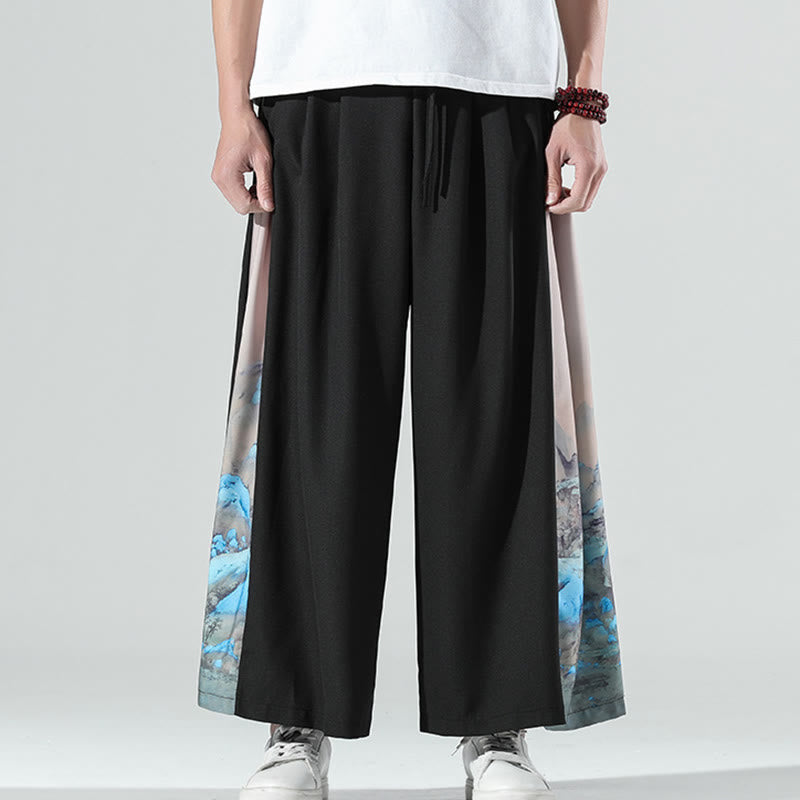 Buddha Stones Pantaloni larghi da uomo con tasche e motivo montagne e fiumi - image 1