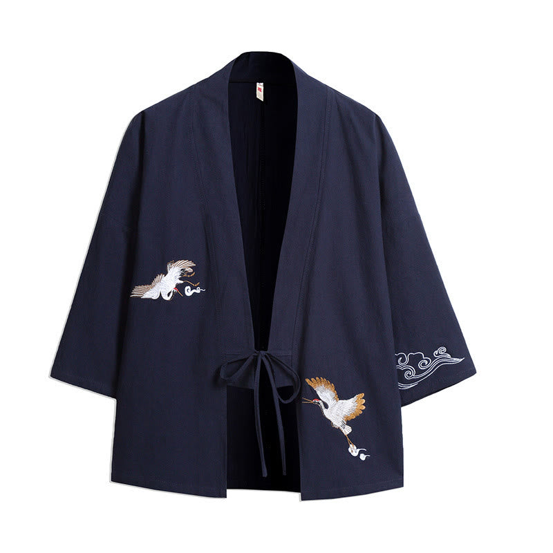 Kimono da uomo con maniche a tre quarti, ricamo di Buddha Stones White Crane e nuvole di buon auspicio - SteelBlue - US/UK/AU46, EU56 (5XL) - image 0
