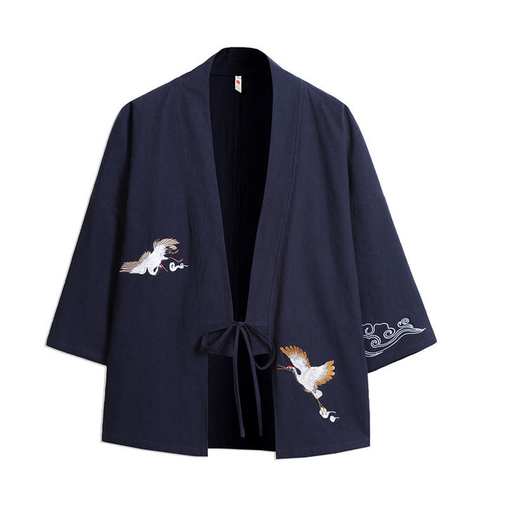 Kimono da uomo con maniche a tre quarti, ricamo di Buddha Stones White Crane e nuvole di buon auspicio - SteelBlue - US/UK/AU46, EU56 (5XL) - image 0