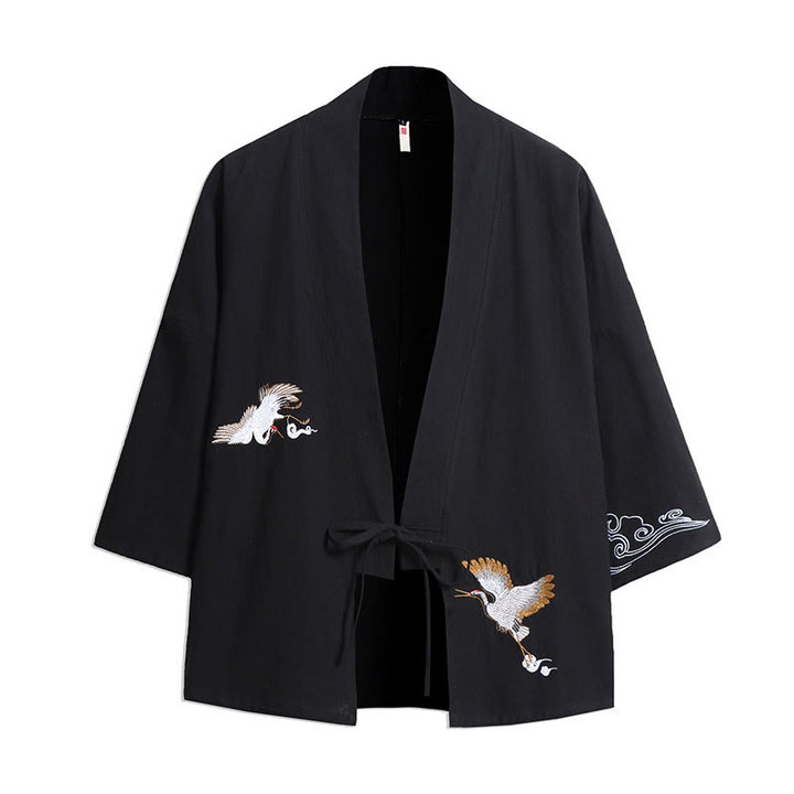 Kimono da uomo con maniche a tre quarti, ricamo di Buddha Stones White Crane e nuvole di buon auspicio - Nero - US/UK/AU46, EU56 (5XL) - image 2