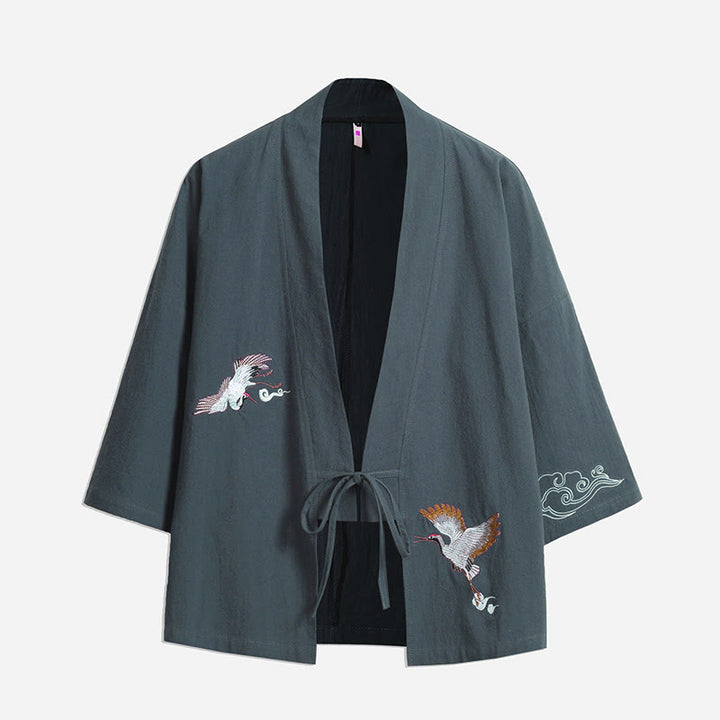 Kimono da uomo con maniche a tre quarti, ricamo di Buddha Stones White Crane e nuvole di buon auspicio - CadetBlue - US/UK/AU46, EU56 (5XL) - image 13
