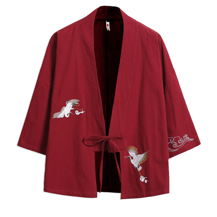 Kimono da uomo con maniche a tre quarti, ricamo di Buddha Stones White Crane e nuvole di buon auspicio - Rosso - US/UK/AU46, EU56 (5XL) - image 4