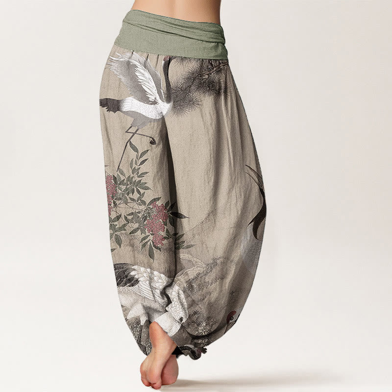 Pantaloni harem da donna in puro cotone con elastico in vita, motivo: gru coronata rossa, motivo: pino, montagna, Buddha Stones - image 1