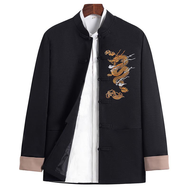Giacca da uomo a maniche lunghe con ricamo Buddha Stones, drago e rana, design con bottoni - Nero - US/UK/AU44, EU54 (4XL) - image 0