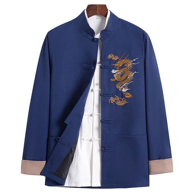 Giacca da uomo a maniche lunghe con ricamo Buddha Stones, drago e rana, design con bottoni - SteelBlue - US/UK/AU44, EU54 (4XL) - image 14