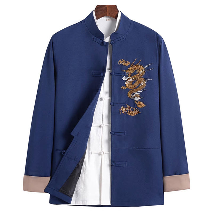 Giacca da uomo a maniche lunghe con ricamo Buddha Stones, drago e rana, design con bottoni - SteelBlue - US/UK/AU44, EU54 (4XL) - image 14