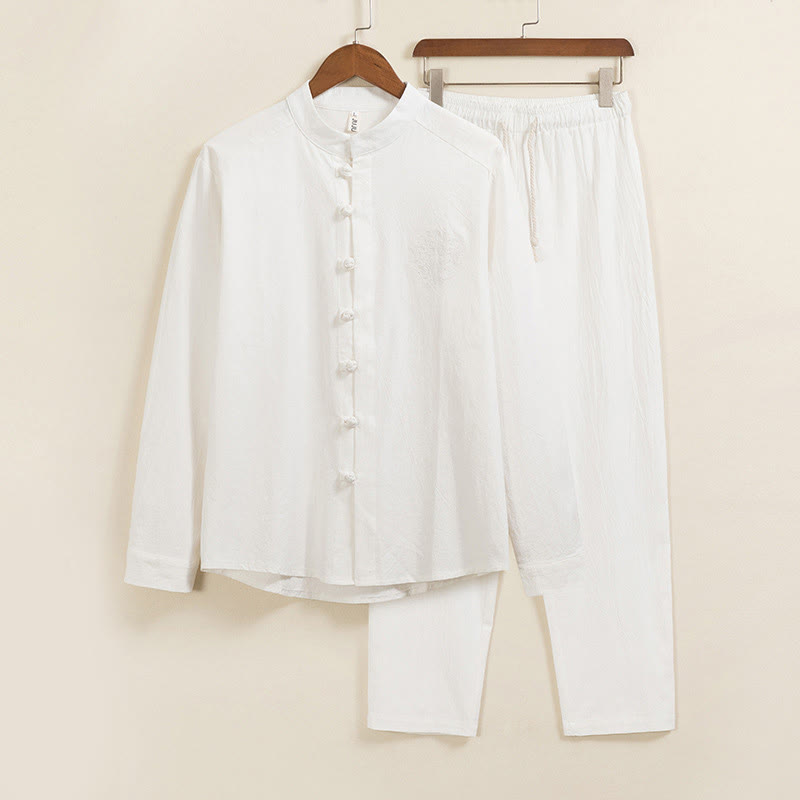 Set da 2 pezzi da uomo in cotone con bottoni a rana, camicia a maniche lunghe e pantaloni con tasche, motivo Buddha Stones - Bianco - US/UK/AU46, EU56 (5XL) - image 1