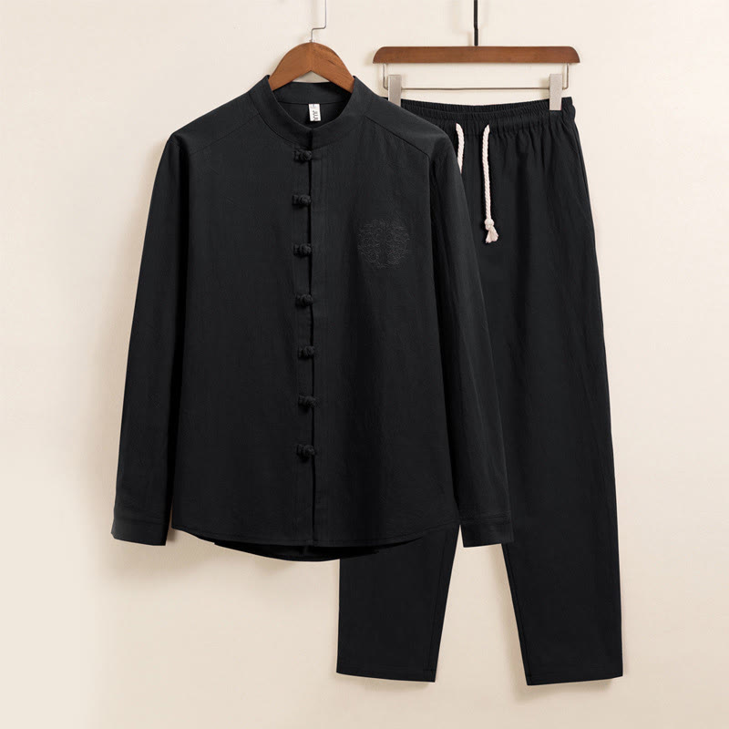 Set da 2 pezzi da uomo in cotone con bottoni a rana, camicia a maniche lunghe e pantaloni con tasche, motivo Buddha Stones - Nero - US/UK/AU46, EU56 (5XL) - image 0