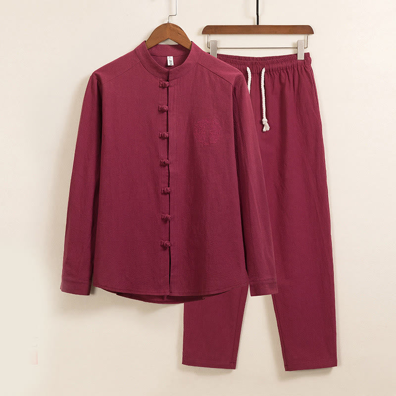 Set da 2 pezzi da uomo in cotone con bottoni a rana, camicia a maniche lunghe e pantaloni con tasche, motivo Buddha Stones - FireBrick - US/UK/AU46, EU56 (5XL) - image 2