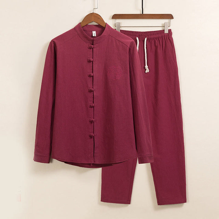 Set da 2 pezzi da uomo in cotone con bottoni a rana, camicia a maniche lunghe e pantaloni con tasche, motivo Buddha Stones - FireBrick - US/UK/AU46, EU56 (5XL) - image 2