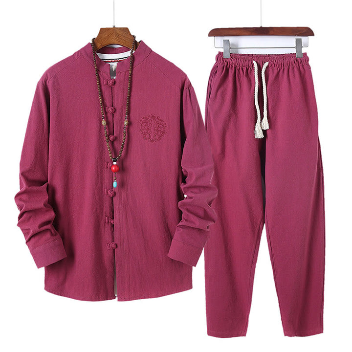 Set di 2 pezzi da uomo in tinta unita con bottoni a rana, camicia a maniche lunghe in cotone e pantaloni con tasche, Buddha Stones - FireBrick - US/UK/AU46, EU56 (5XL) - image 29
