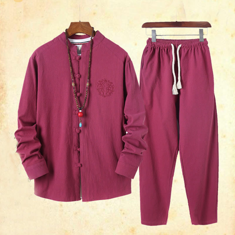Set di 2 pezzi da uomo in tinta unita con bottoni a rana, camicia a maniche lunghe in cotone e pantaloni con tasche, Buddha Stones - image 43