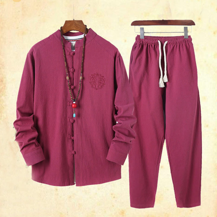 Set di 2 pezzi da uomo in tinta unita con bottoni a rana, camicia a maniche lunghe in cotone e pantaloni con tasche, Buddha Stones - image 43