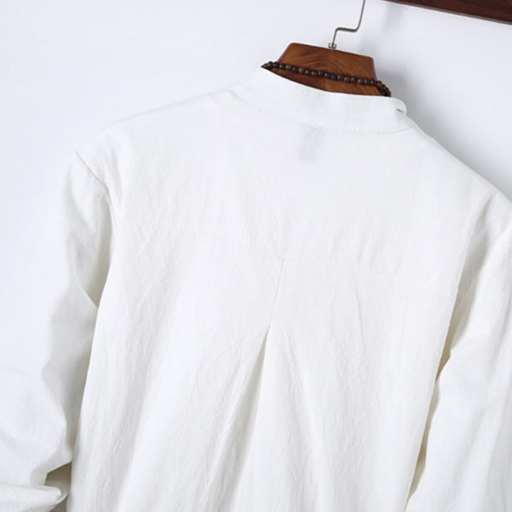 Set di 2 pezzi da uomo in tinta unita con bottoni a rana, camicia a maniche lunghe in cotone e pantaloni con tasche, Buddha Stones - image 14