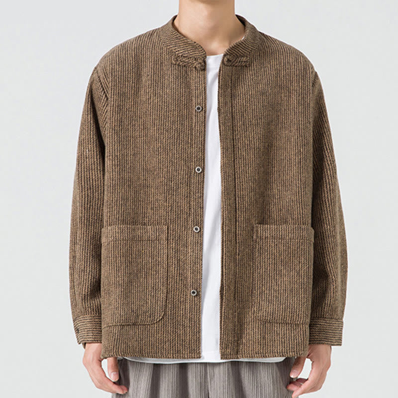 Giacca da uomo in velluto a coste di cotone con tasche e bottoni a rana, tinta unita, a maniche lunghe, con Buddha Stones - Abbronzatura - US/UK/AU48, EU58 (5XL) - image 0