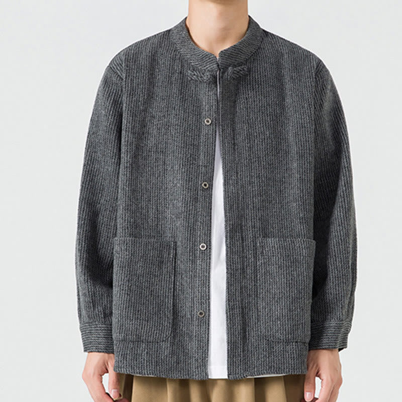 Giacca da uomo in velluto a coste di cotone con tasche e bottoni a rana, tinta unita, a maniche lunghe, con Buddha Stones - Nero - US/UK/AU48, EU58 (5XL) - image 10