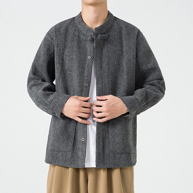 Giacca da uomo in velluto a coste di cotone con tasche e bottoni a rana, tinta unita, a maniche lunghe, con Buddha Stones - image 12