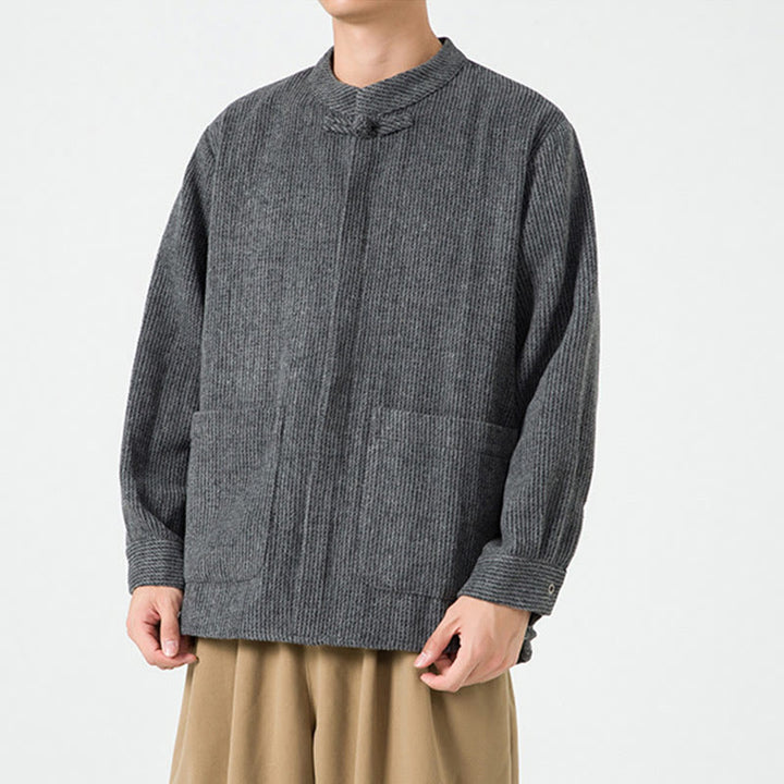 Giacca da uomo in velluto a coste di cotone con tasche e bottoni a rana, tinta unita, a maniche lunghe, con Buddha Stones - image 16