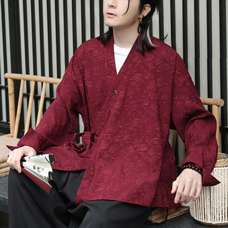 Camicia da uomo a maniche lunghe con scollo a V e motivo floreale Buddha Stones Spring con lacci - image 11