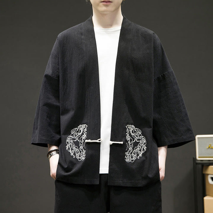 Giacca da uomo in cotone con maniche lunghe e apertura frontale, motivo Buddha Stones , nuvole di buon auspicio - Nero - US/UK/AU46, EU56 (5XL) - image 7