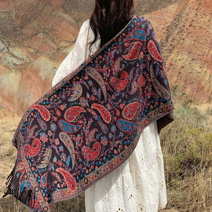 Sciarpa morbida con nappa, motivo etnico ricamato con fiori Paisley e Buddha Stones - Nero - image 0