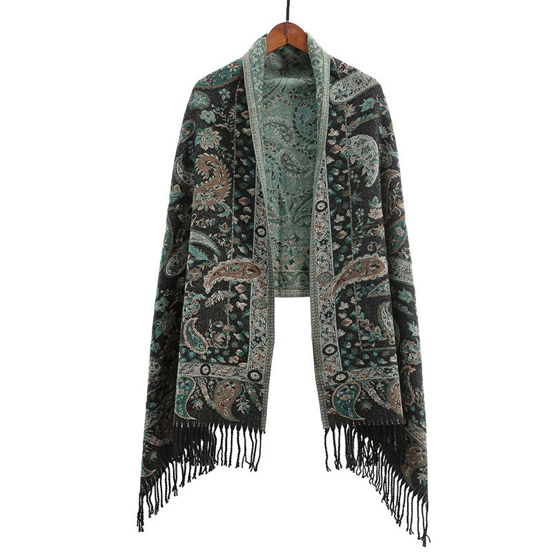 Sciarpa morbida con nappa, motivo etnico ricamato con fiori Paisley e Buddha Stones - Verdemare medio - image 16