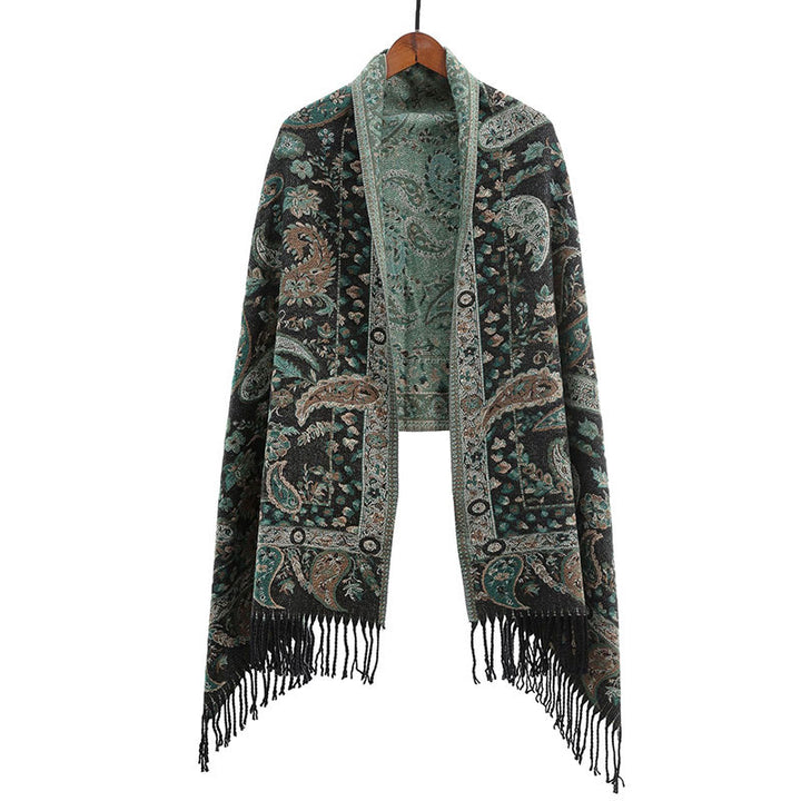 Sciarpa morbida con nappa, motivo etnico ricamato con fiori Paisley e Buddha Stones - Verdemare medio - image 16